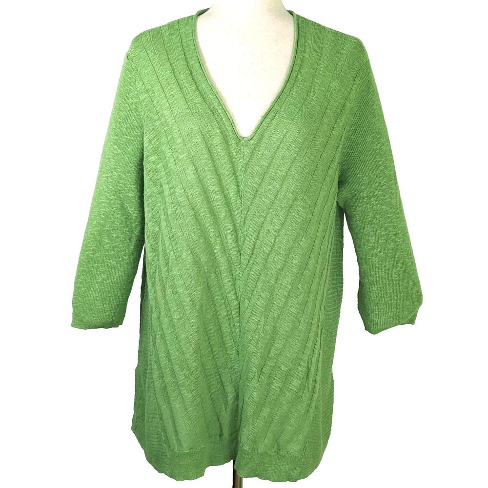 J Jill Womens LG Apple Green Linen Cotton V-neck Pullover Tunic Sweater
